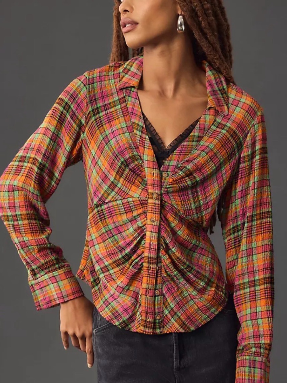Anthropologie Pilcro Ruched Plaid Blouse Deep V Gathered Top Size Medium